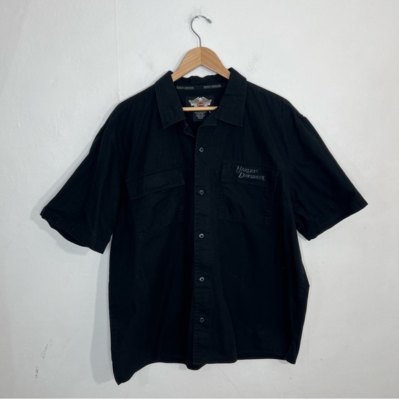 Harley Davidson Black Eagle Print Vintage Button Mechanic Work Shirt Size XL - Picture 2 of 12